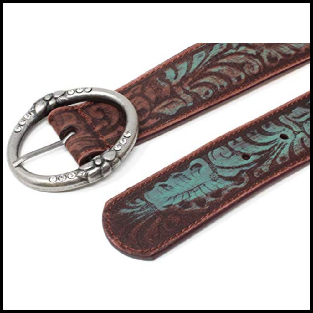Distressed Leather Belt with Rhinestone Buckle Vintage Western Boho Style - Picture 4 of 7